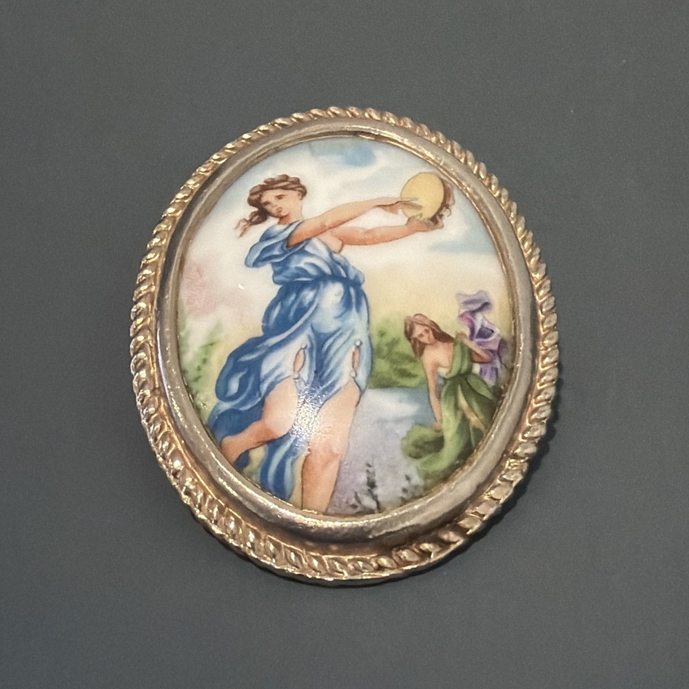 Limoges France Porcelain Brooch Pendant Classic Maiden Light Gold Tone Frame